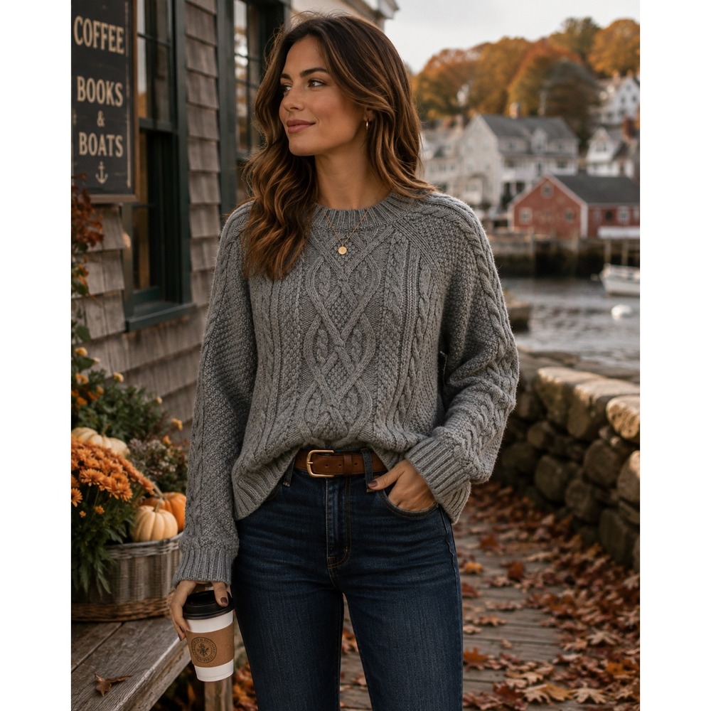Abercrombie & Fitch Coastal Luxe Cable Knit Grey Crewneck Sweater Preppy Sz M